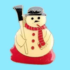 Snowman Pinback Pin Brooch Bowler Hat Broom Vintage Christmas Holiday Enamel